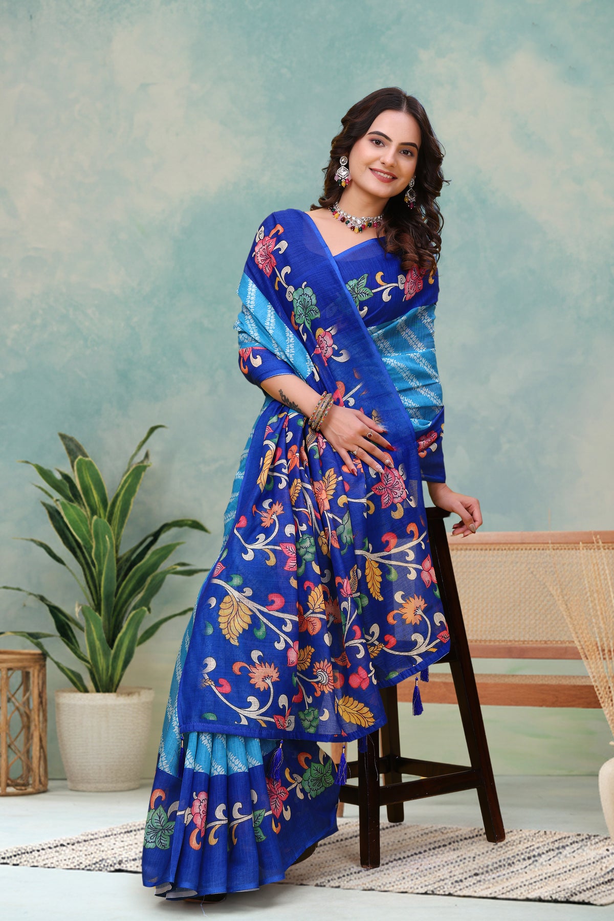 Royal Blue Floral Print Linen Cotton Saree for Women