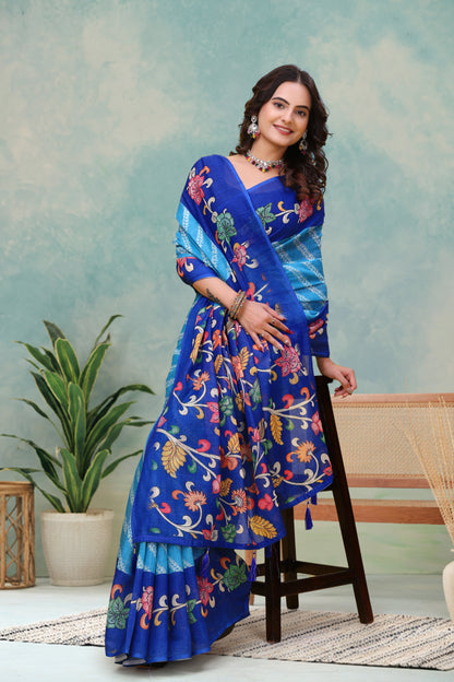 Royal Blue Floral Print Linen Cotton Saree for Women