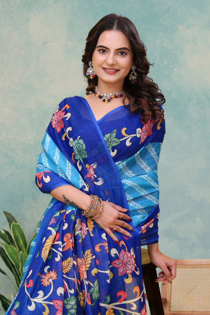 Royal Blue Floral Print Linen Cotton Saree for Women