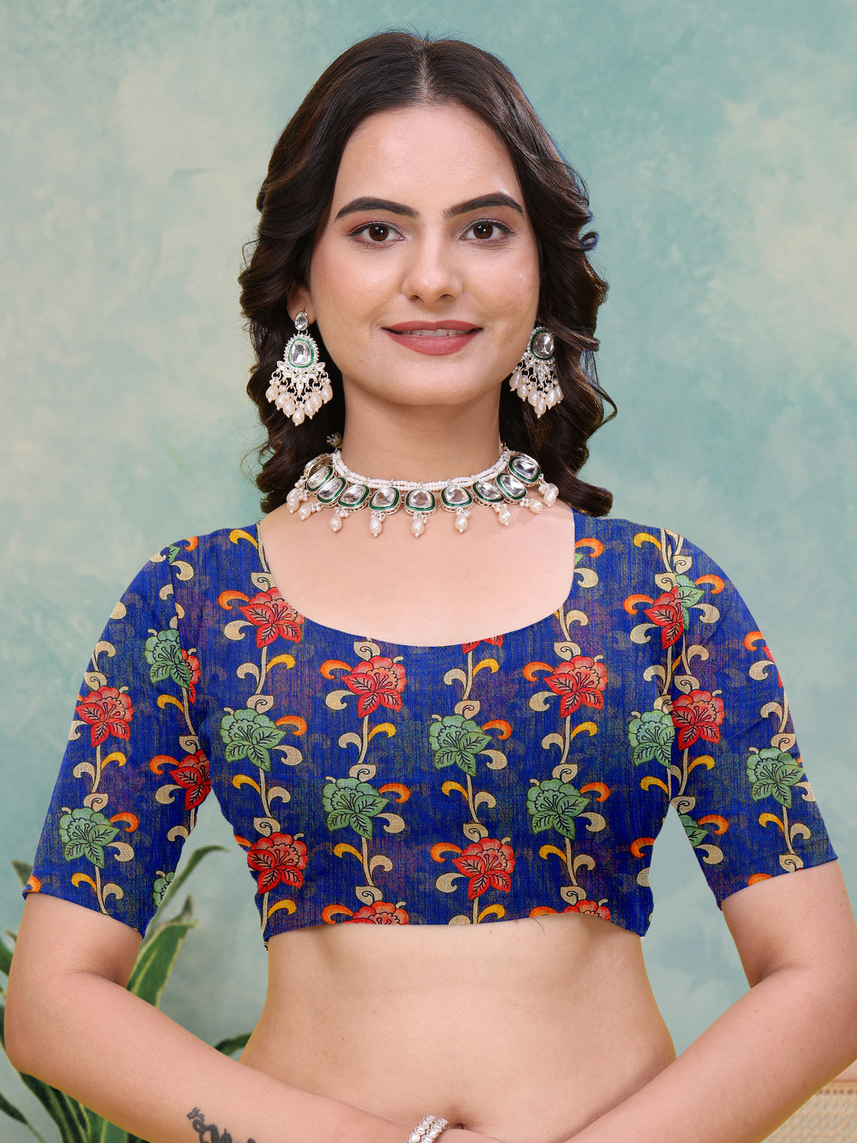 Royal Blue Floral Print Linen Cotton Saree for Women
