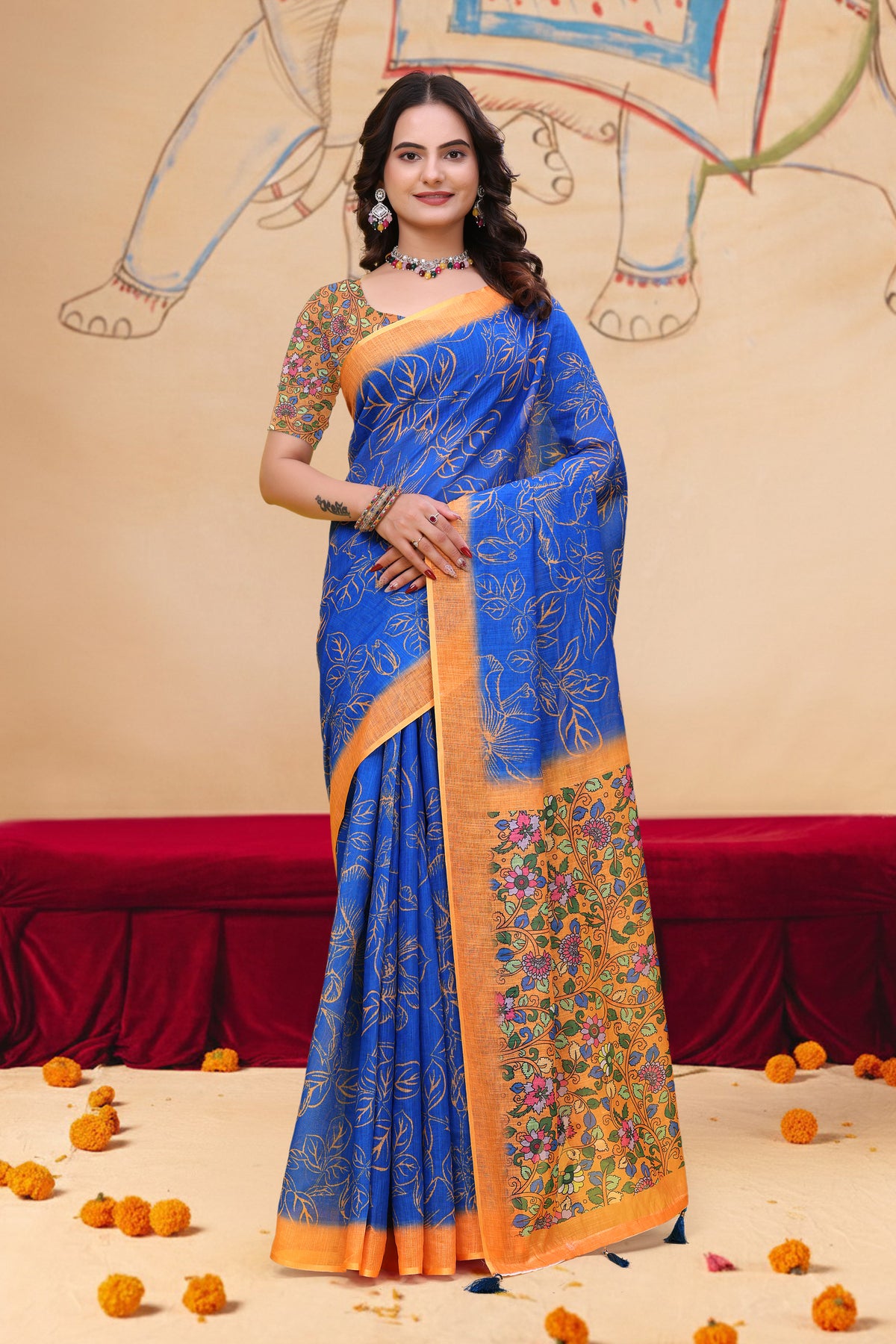 Royal Blue Floral Leaf Print Linen Cotton Saree for Women