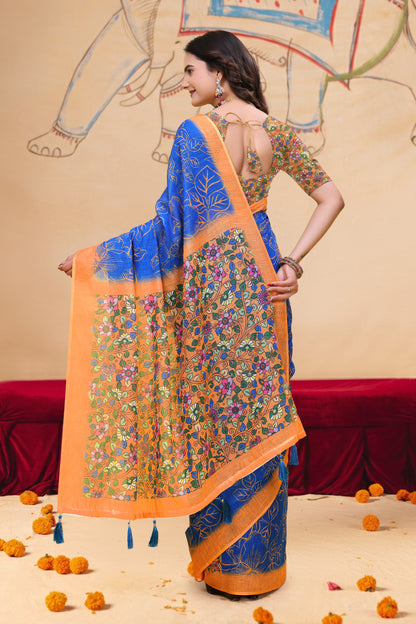 Royal Blue Floral Leaf Print Linen Cotton Saree for Women