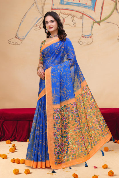 Royal Blue Floral Leaf Print Linen Cotton Saree for Women