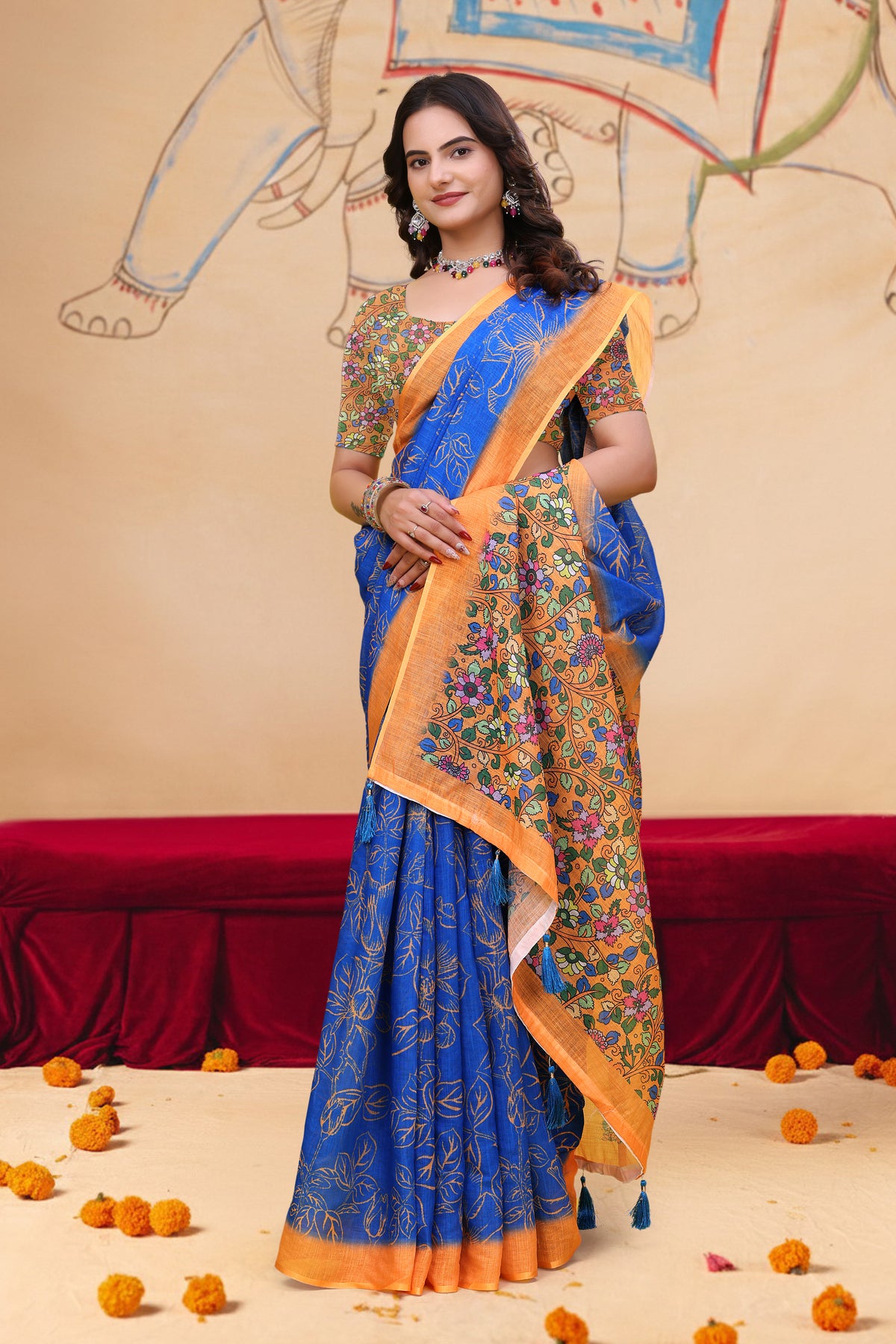 Royal Blue Floral Leaf Print Linen Cotton Saree for Women