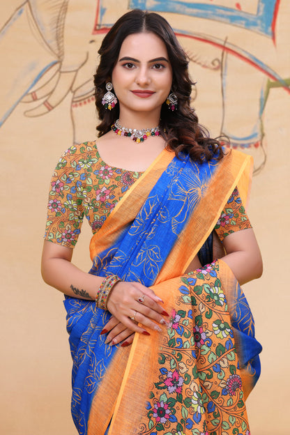 Royal Blue Floral Leaf Print Linen Cotton Saree for Women