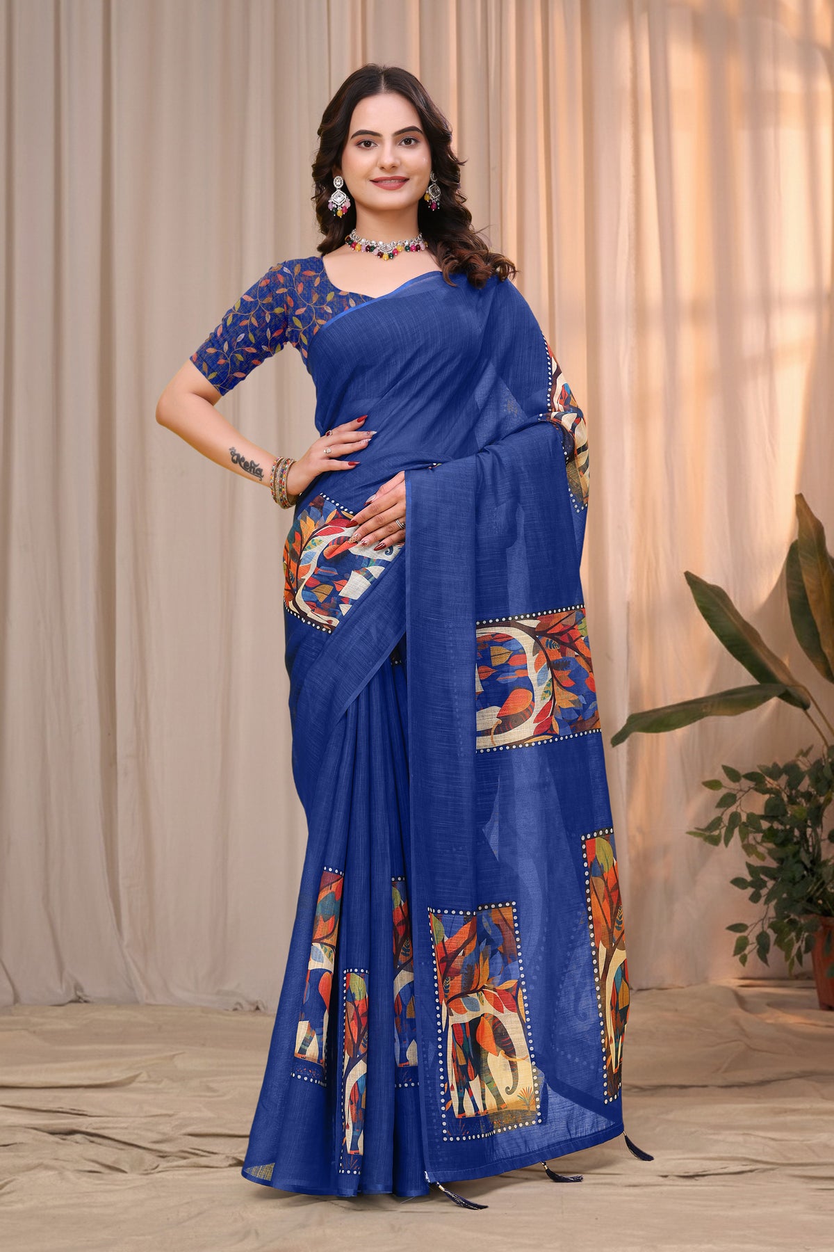 Royal Blue Linen Cotton Printed Panel Saree for Women