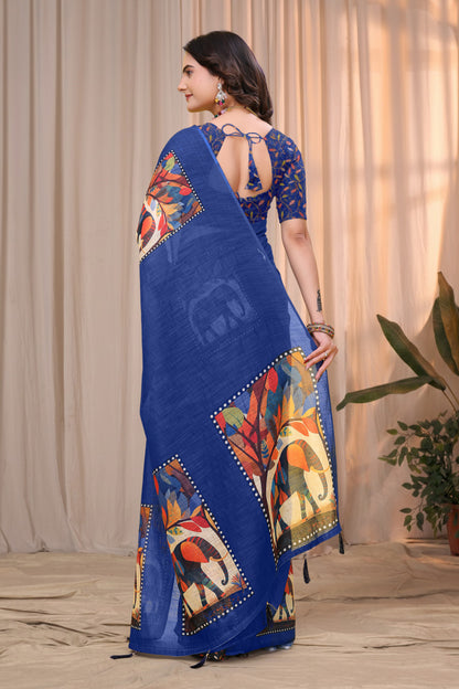 Royal Blue Linen Cotton Printed Panel Saree for Women