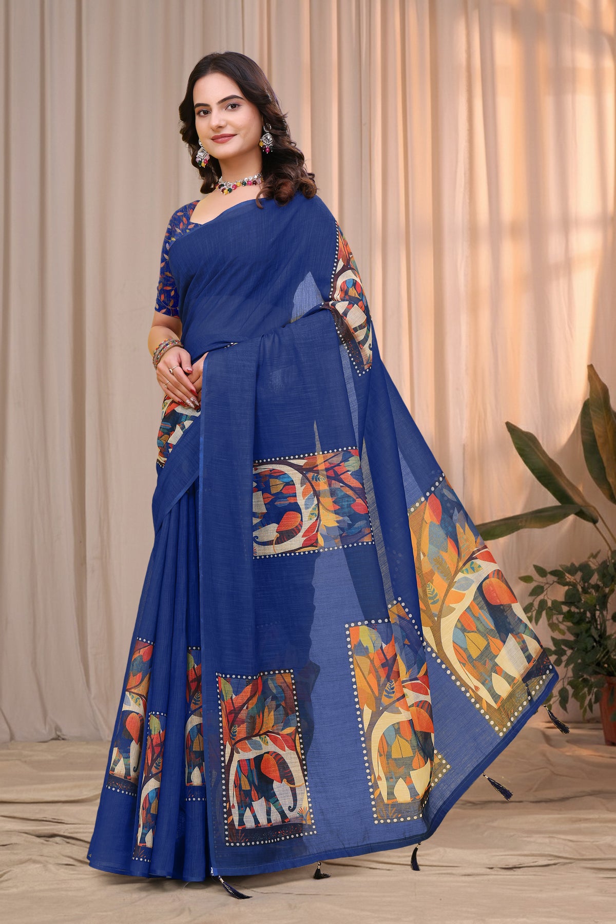 Royal Blue Linen Cotton Printed Panel Saree for Women