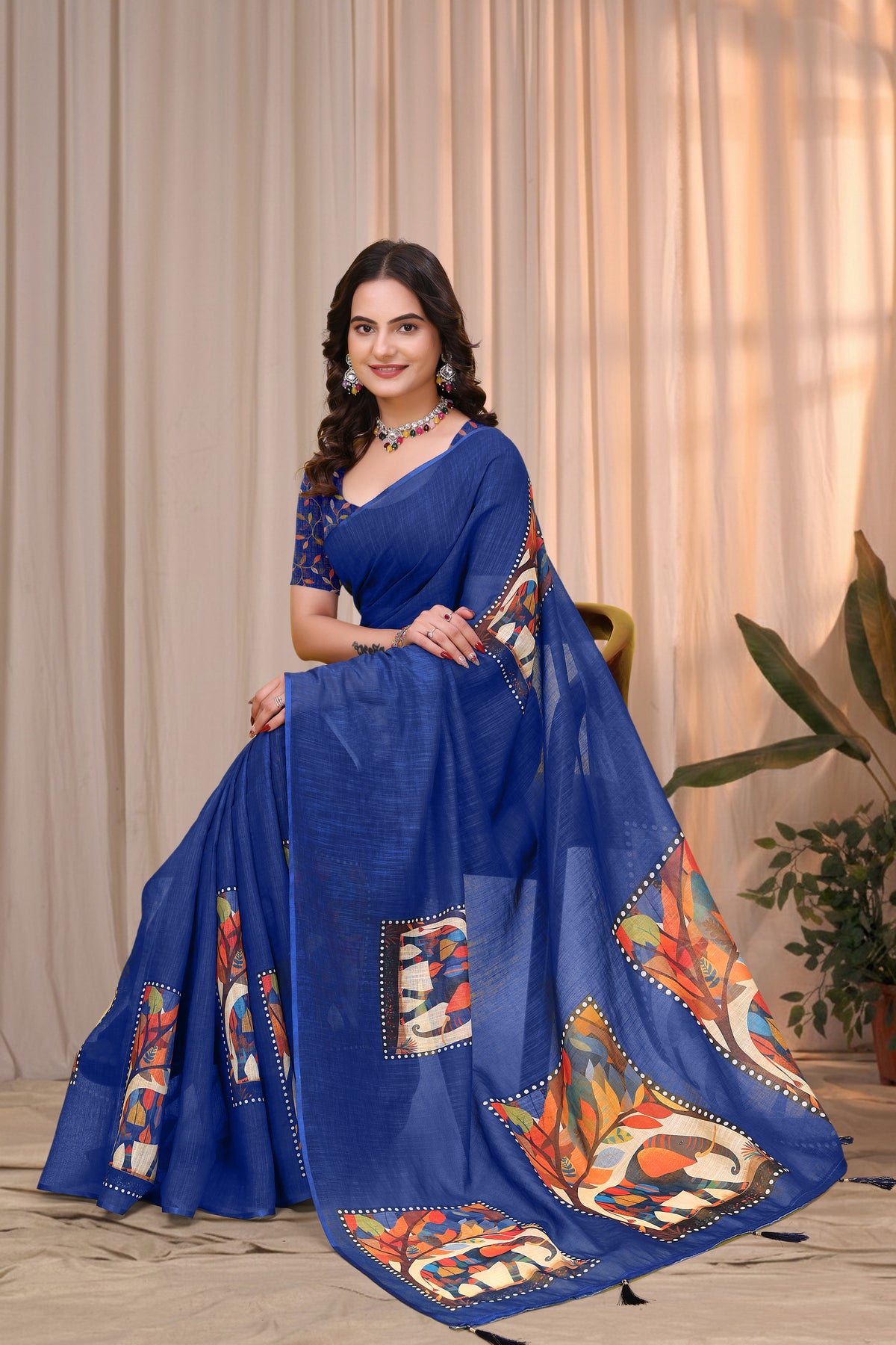 Royal Blue Linen Cotton Printed Panel Saree for Women