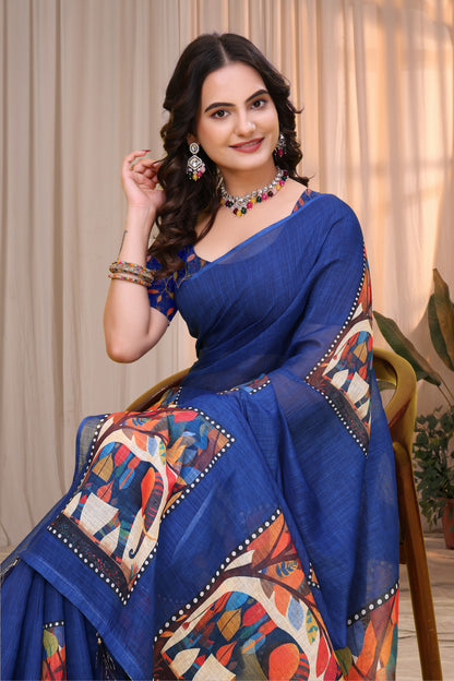 Royal Blue Linen Cotton Printed Panel Saree for Women