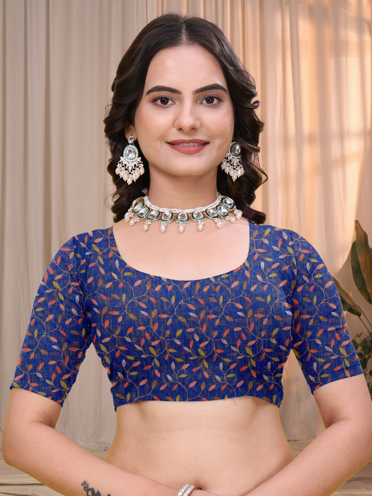 Royal Blue Linen Cotton Printed Panel Saree for Women