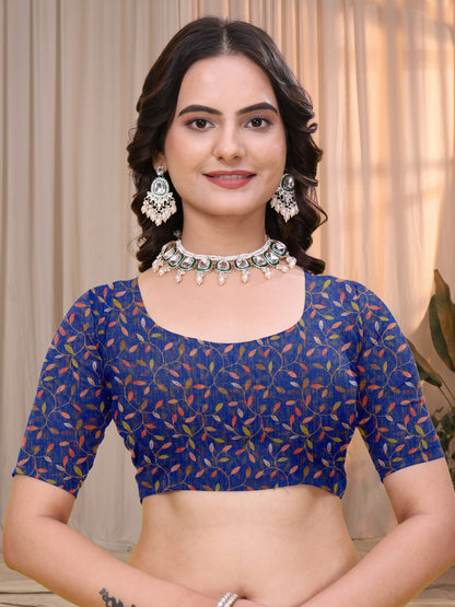 Royal Blue Linen Cotton Printed Panel Saree for Women