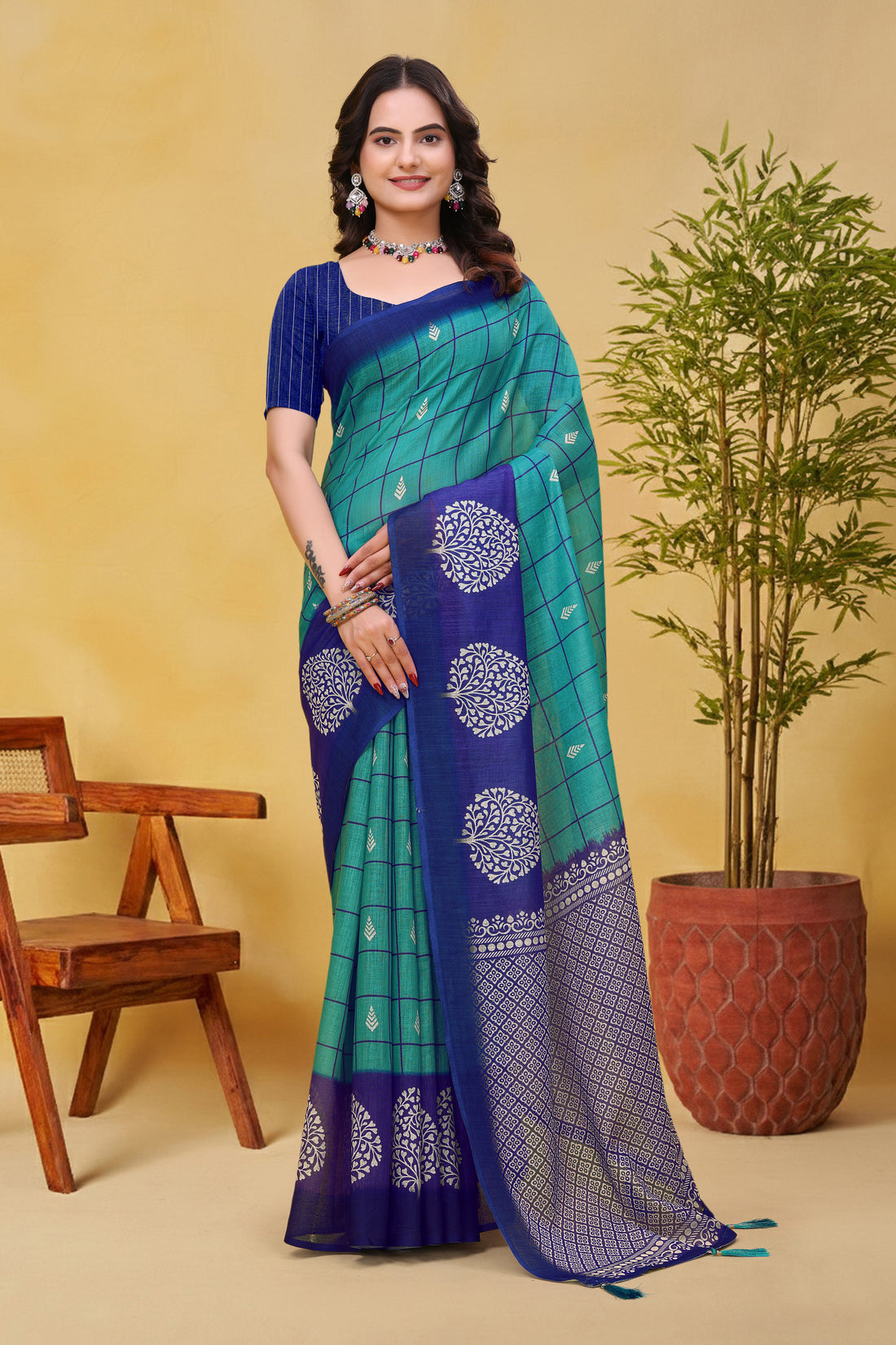 Blue Green Linen Cotton Saree with Checks and Printed Pallu for Women