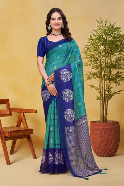 Blue Green Linen Cotton Saree with Checks and Printed Pallu for Women
