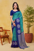 Blue Green Linen Cotton Saree with Checks and Printed Pallu for Women