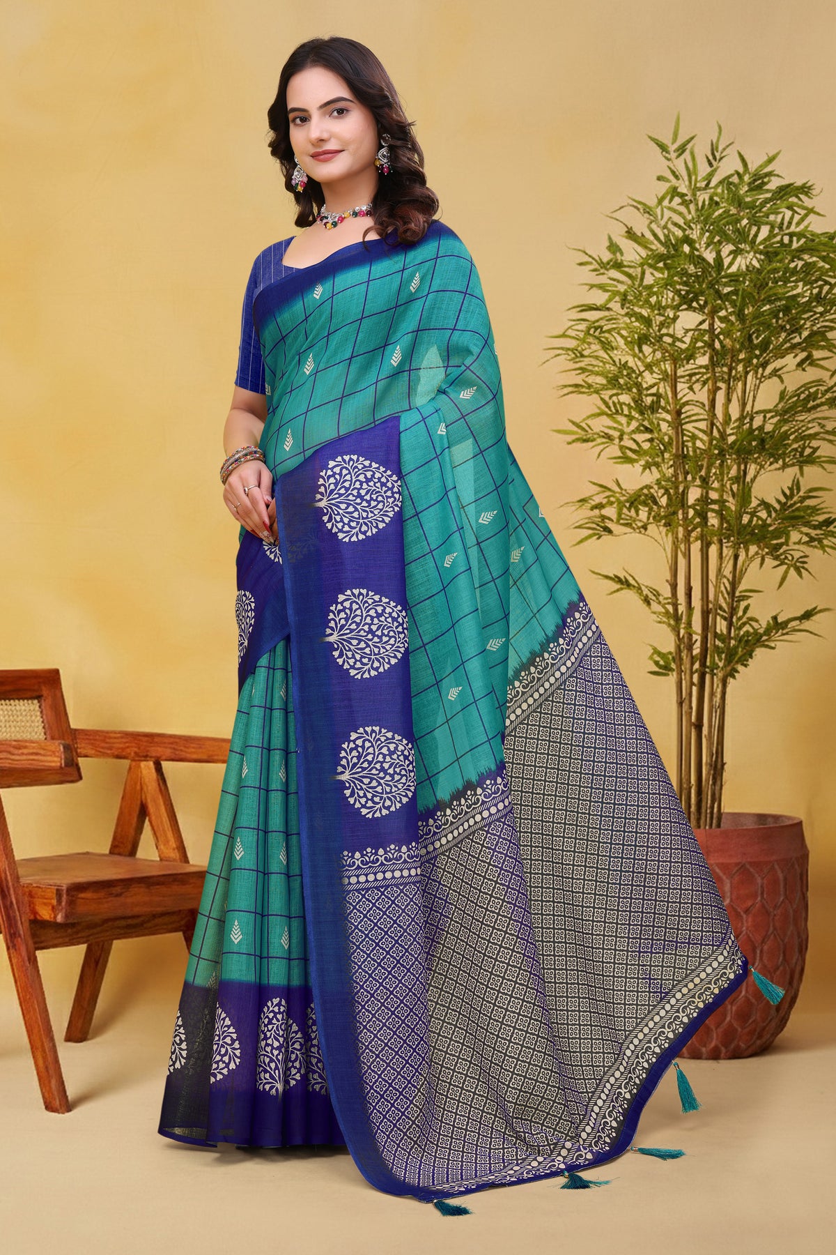 Blue Green Linen Cotton Saree with Checks and Printed Pallu for Women