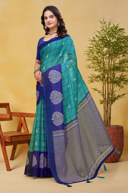 Blue Green Linen Cotton Saree with Checks and Printed Pallu for Women