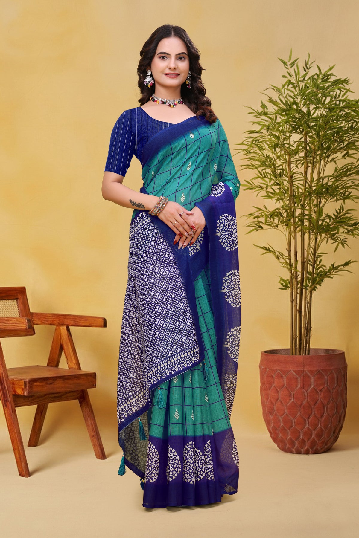 Blue Green Linen Cotton Saree with Checks and Printed Pallu for Women
