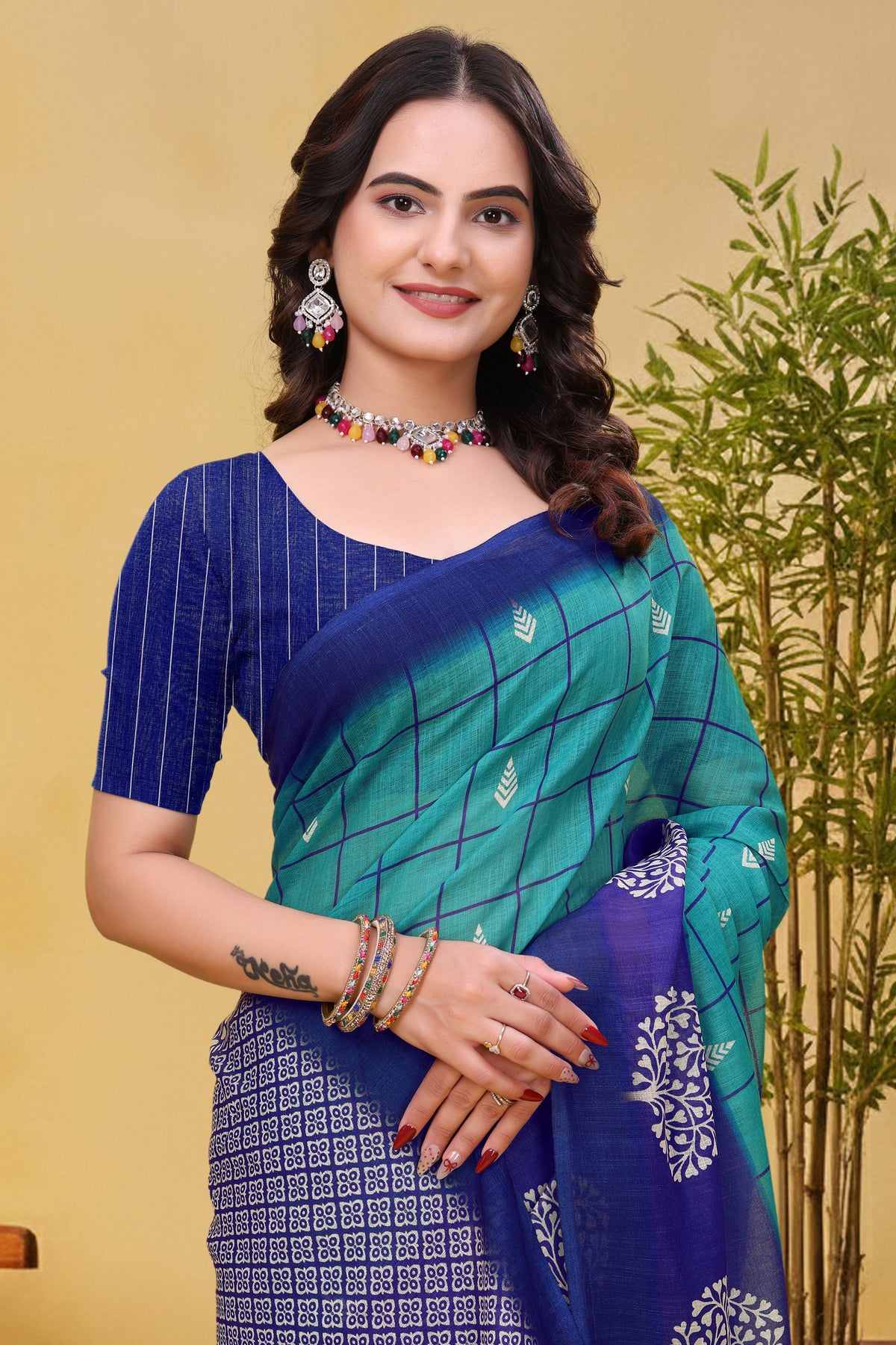 Blue Green Linen Cotton Saree with Checks and Printed Pallu for Women