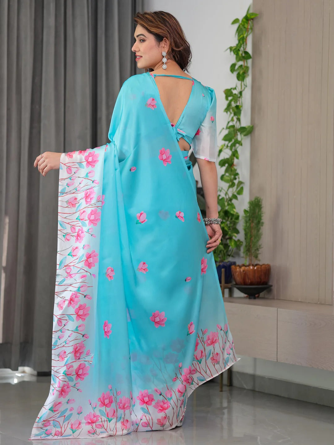 Turquoise Floral Print Satin Saree with Unstitched Blouse for Women