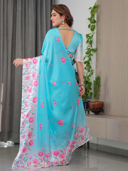 Turquoise Floral Print Satin Saree with Unstitched Blouse for Women