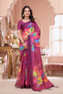 Wine Linen Cotton Floral Print Saree with Art Border for Women