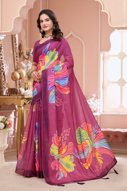 Wine Linen Cotton Floral Print Saree with Art Border for Women