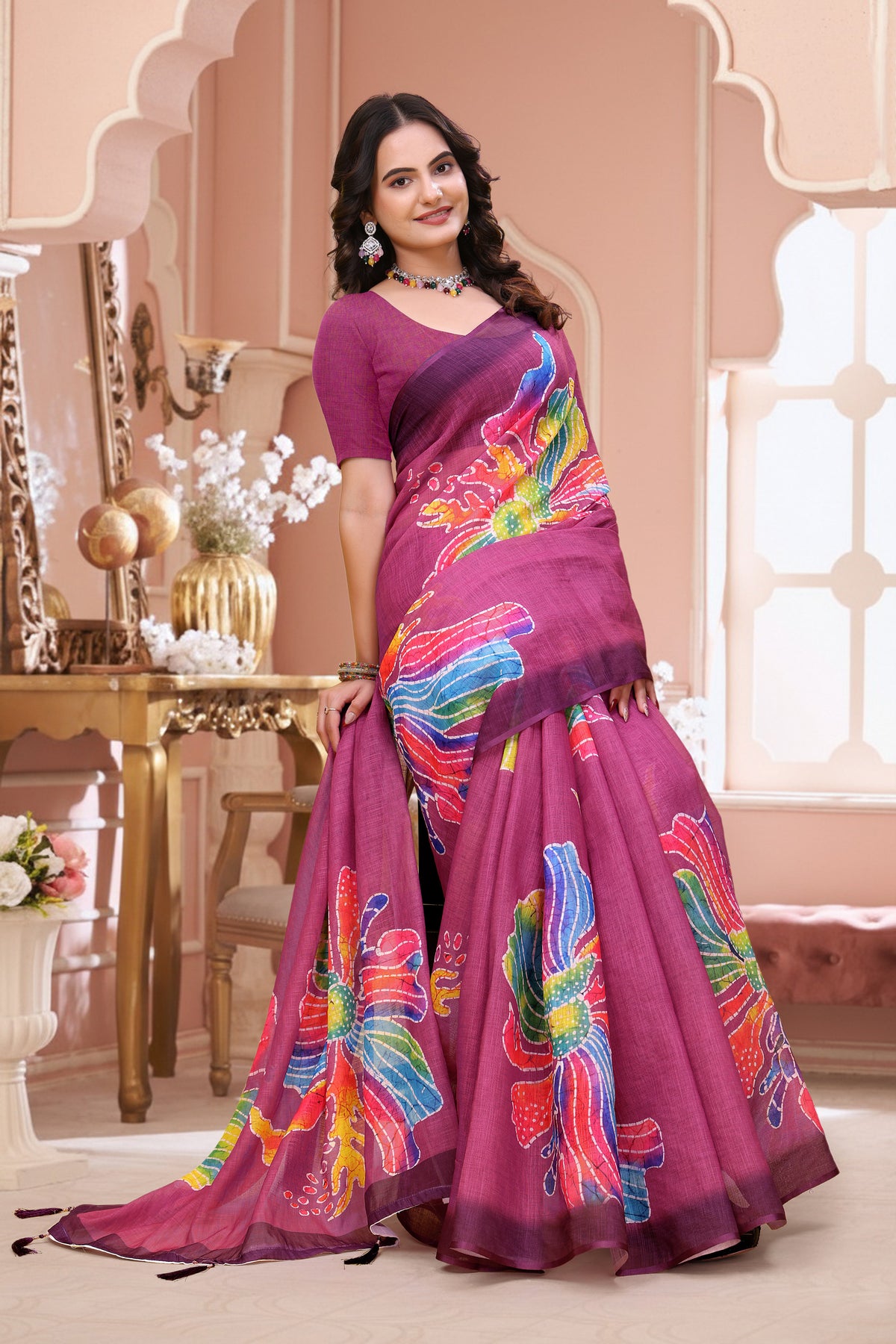 Wine Linen Cotton Floral Print Saree with Art Border for Women