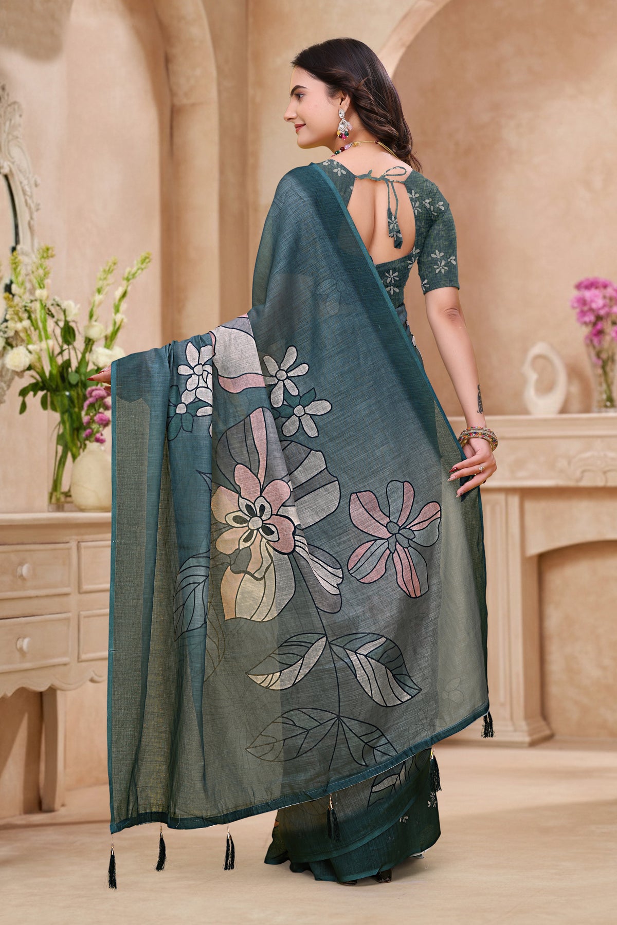Teal Blue Linen Cotton Floral Printed Saree with Blouse Set for Women