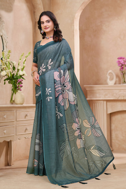 Teal Blue Linen Cotton Floral Printed Saree with Blouse Set for Women