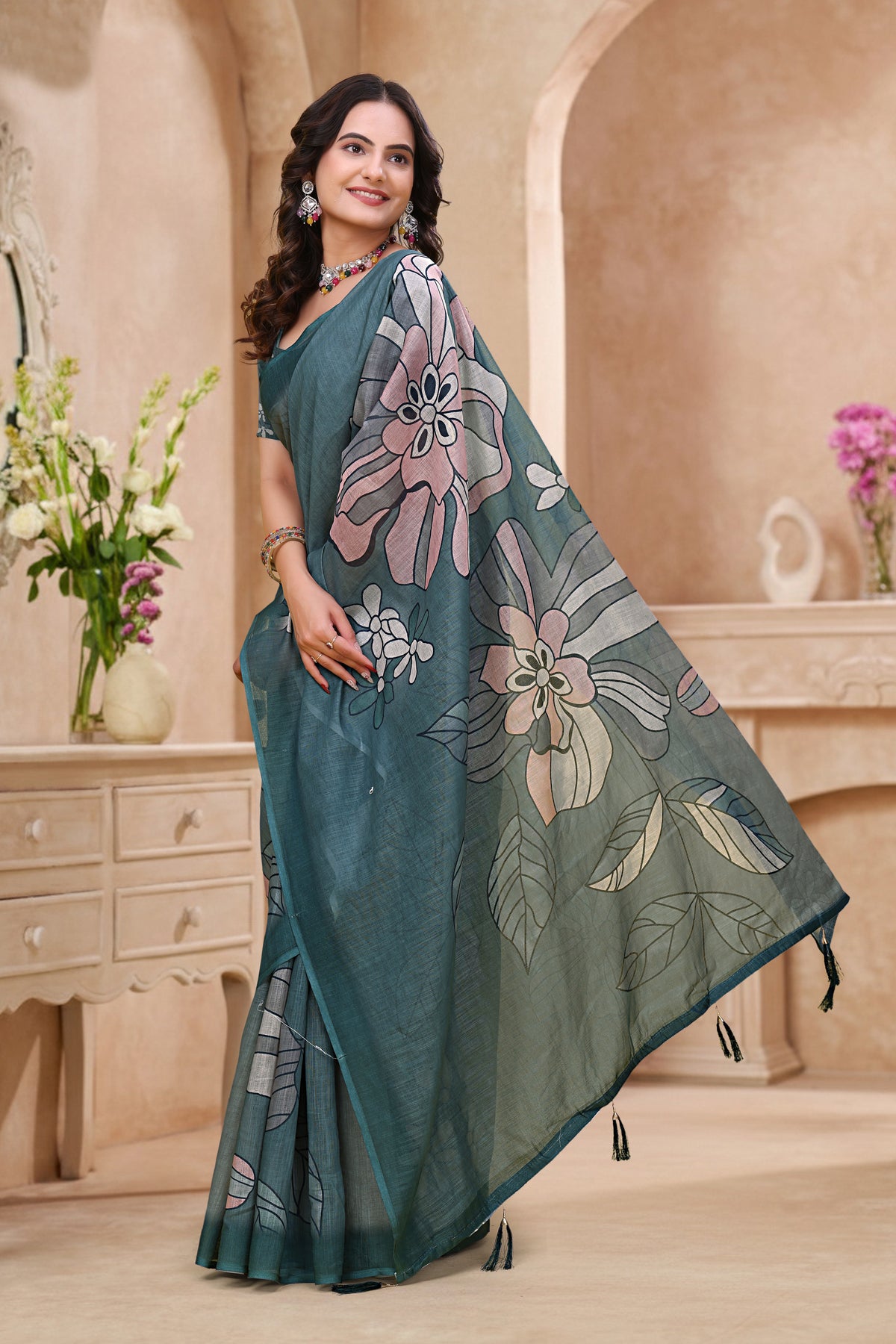 Teal Blue Linen Cotton Floral Printed Saree with Blouse Set for Women