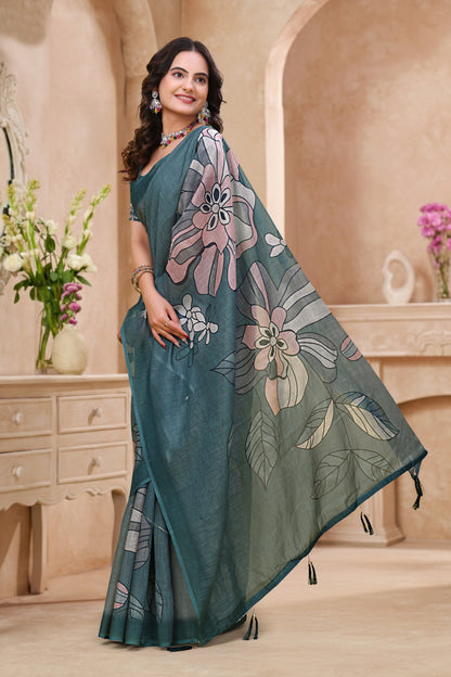 Teal Blue Linen Cotton Floral Printed Saree with Blouse Set for Women