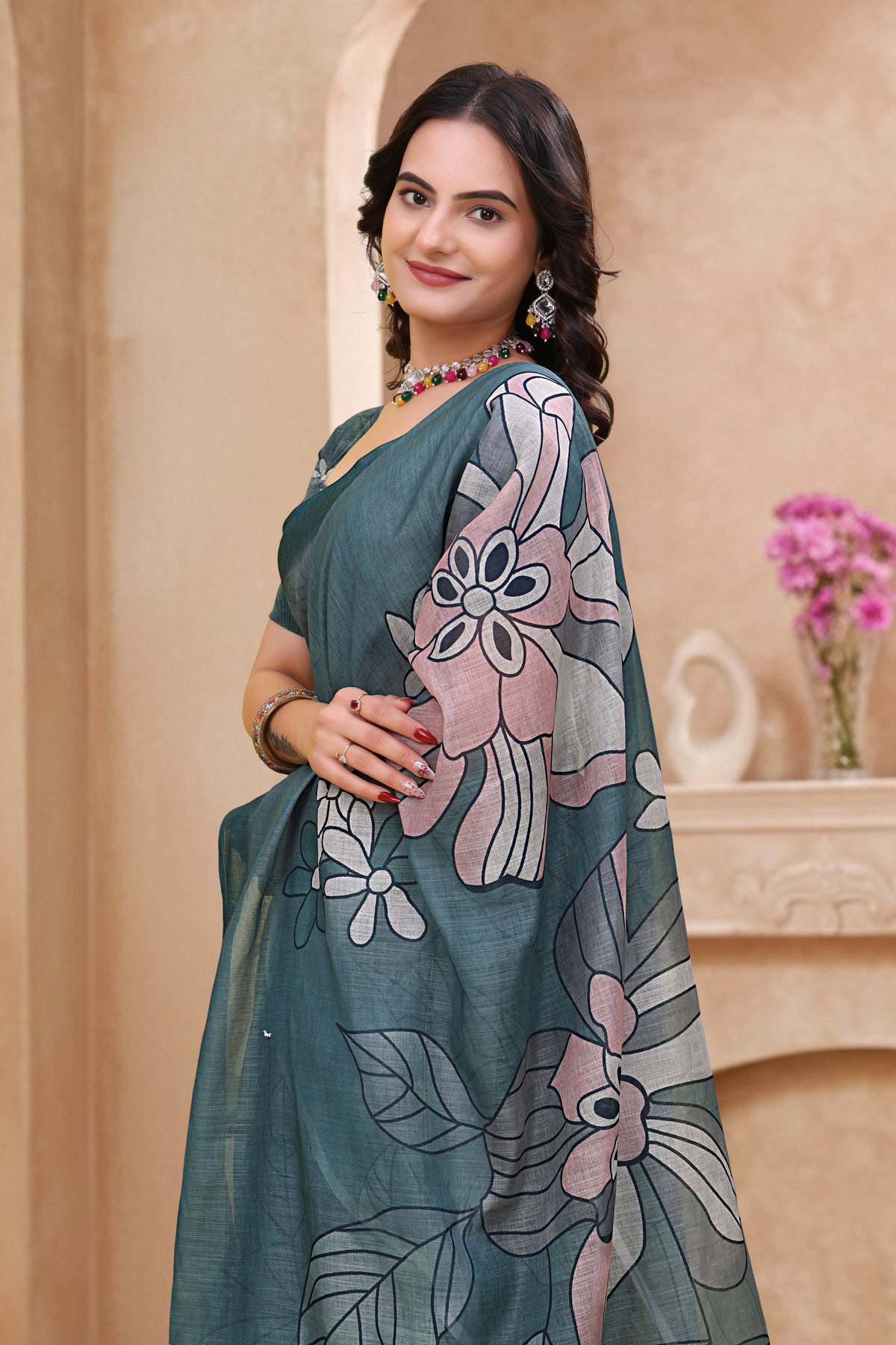 Teal Blue Linen Cotton Floral Printed Saree with Blouse Set for Women