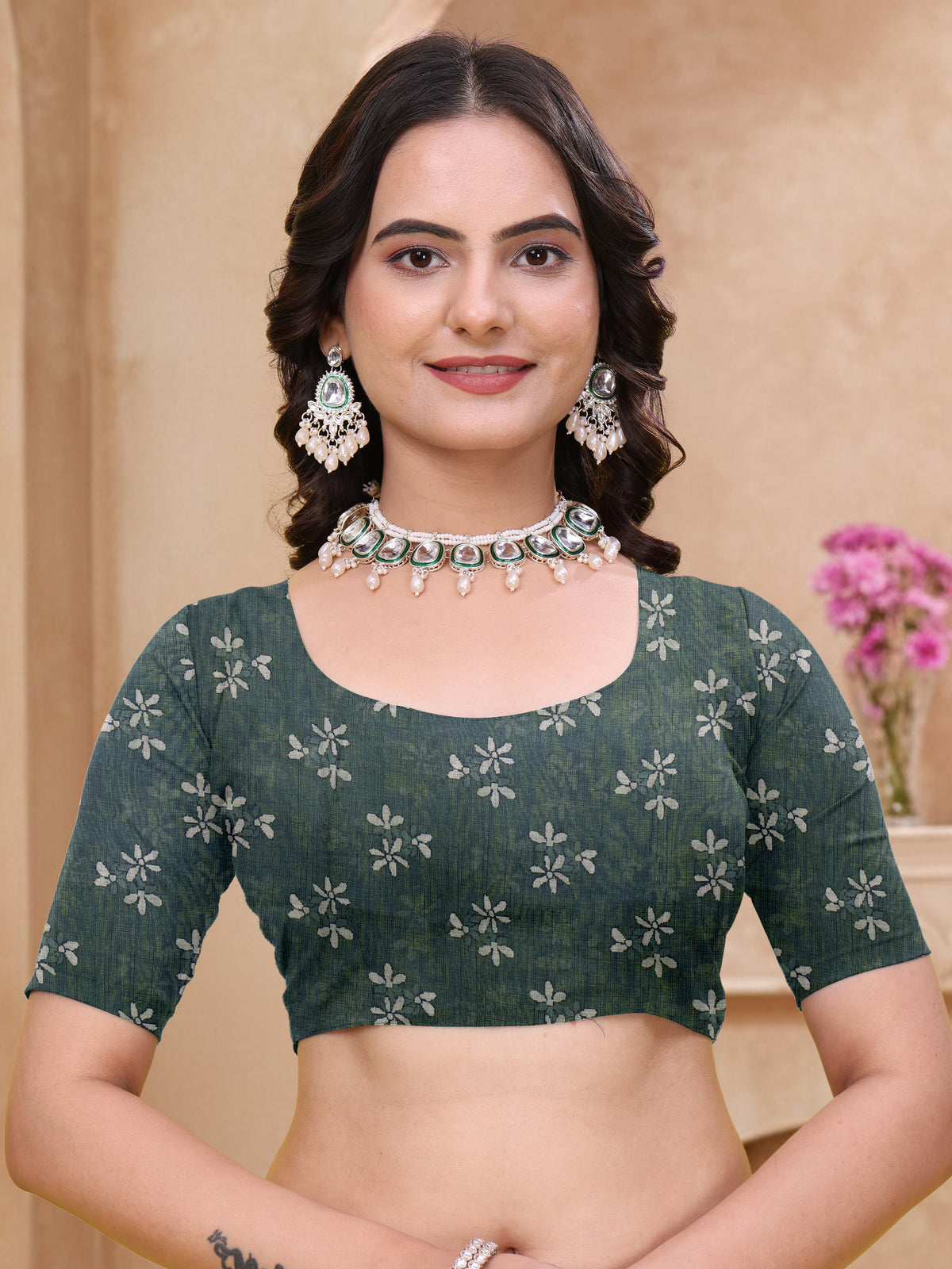 Teal Blue Linen Cotton Floral Printed Saree with Blouse Set for Women