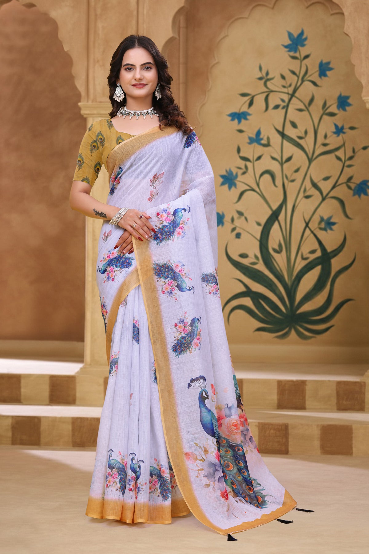 White Linen Cotton Peacock Floral Printed Saree with Blouse for Women