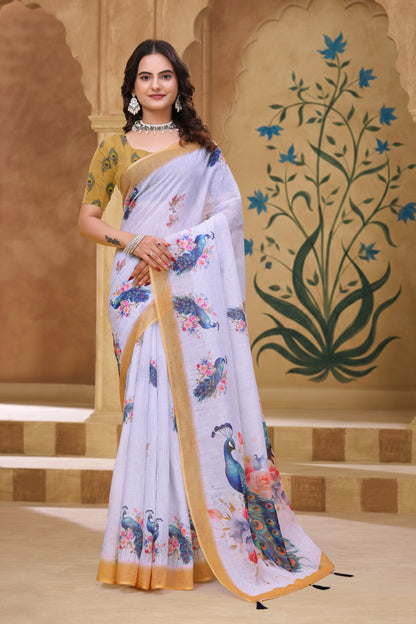 White Linen Cotton Peacock Floral Printed Saree with Blouse for Women