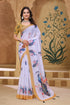White Linen Cotton Peacock Floral Printed Saree with Blouse for Women
