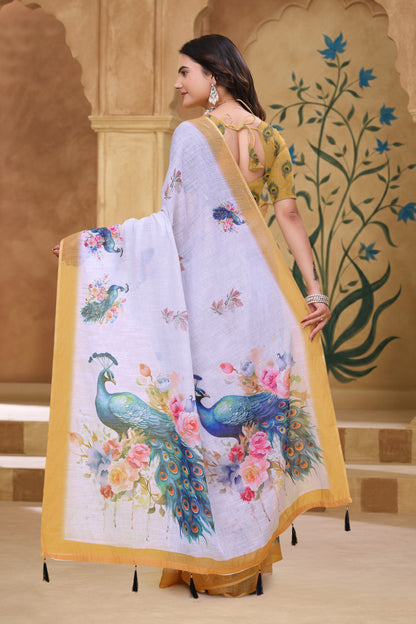 White Linen Cotton Peacock Floral Printed Saree with Blouse for Women