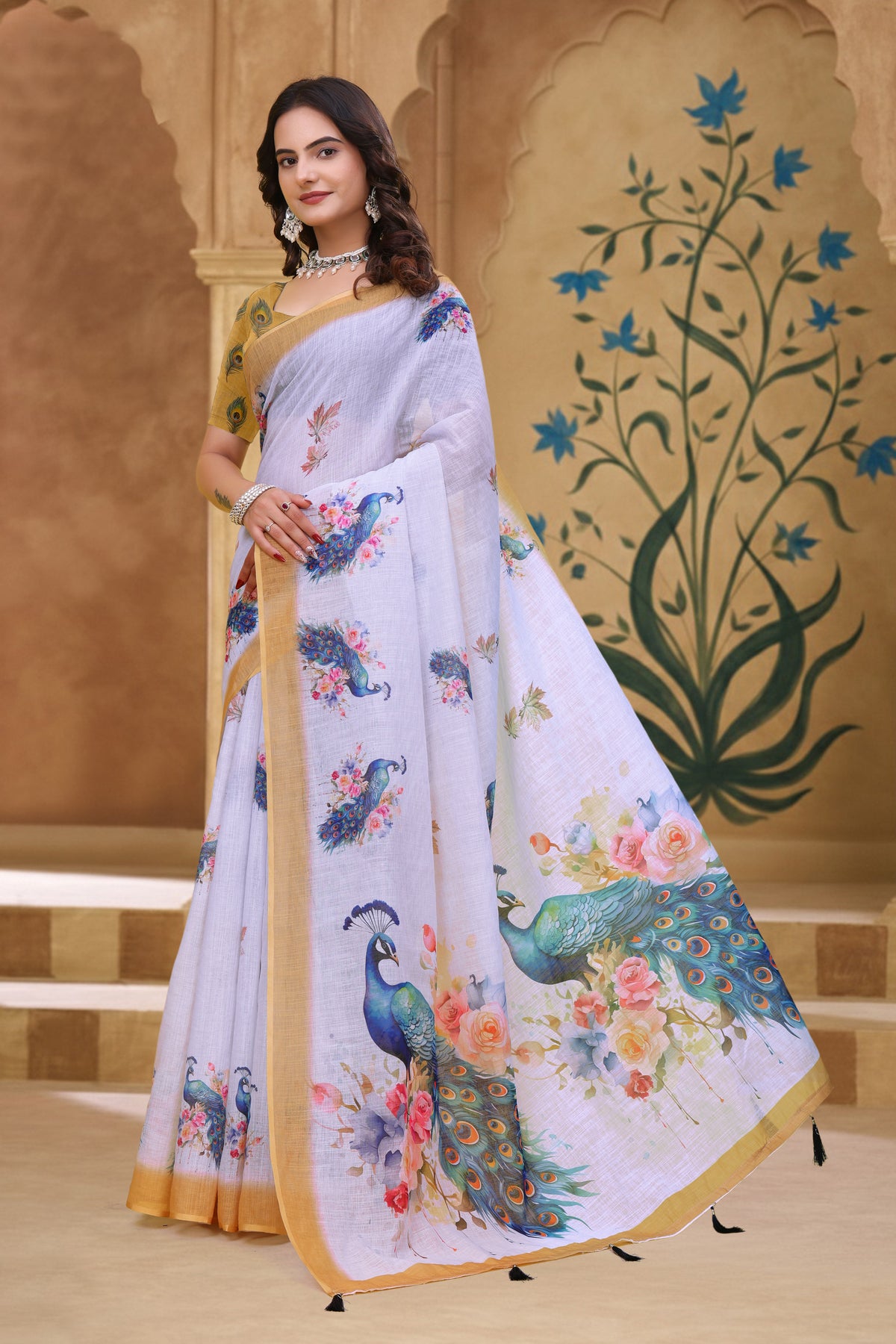 White Linen Cotton Peacock Floral Printed Saree with Blouse for Women