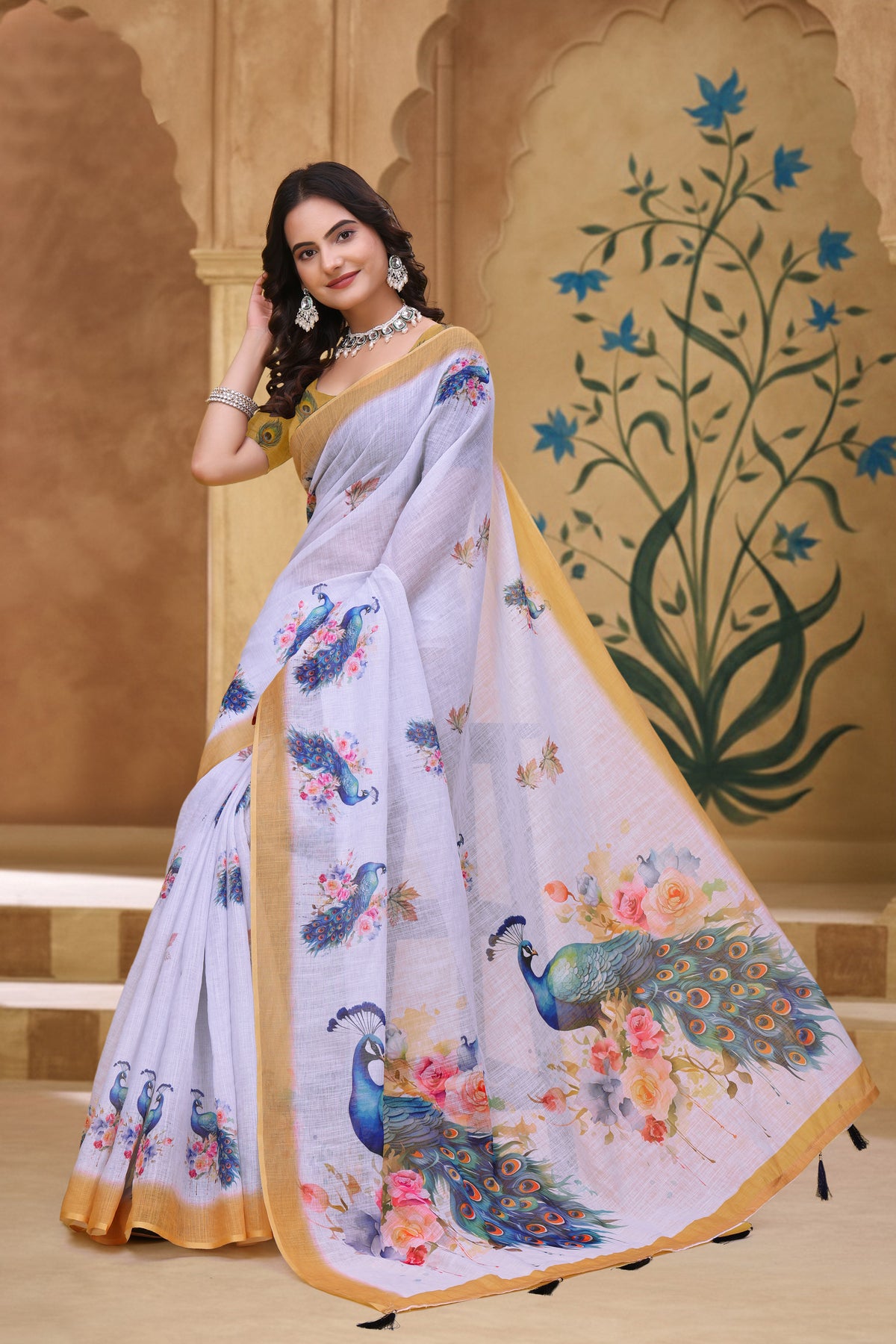White Linen Cotton Peacock Floral Printed Saree with Blouse for Women