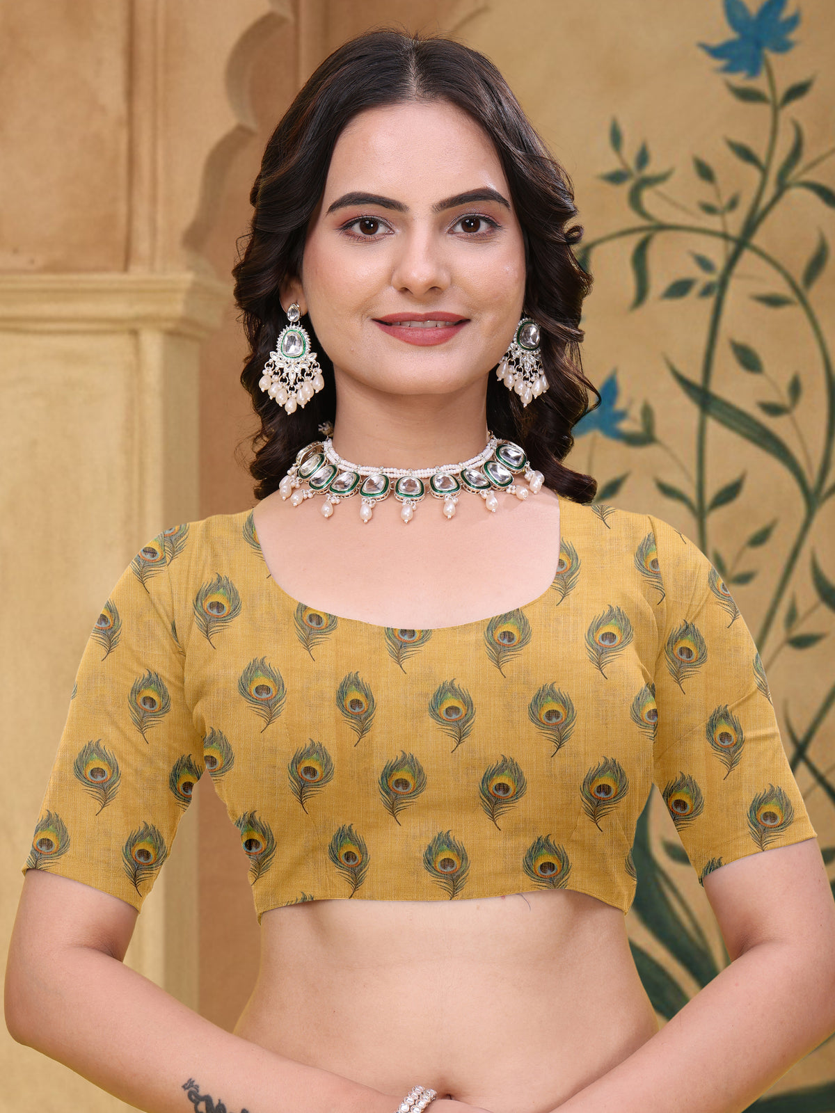White Linen Cotton Peacock Floral Printed Saree with Blouse for Women