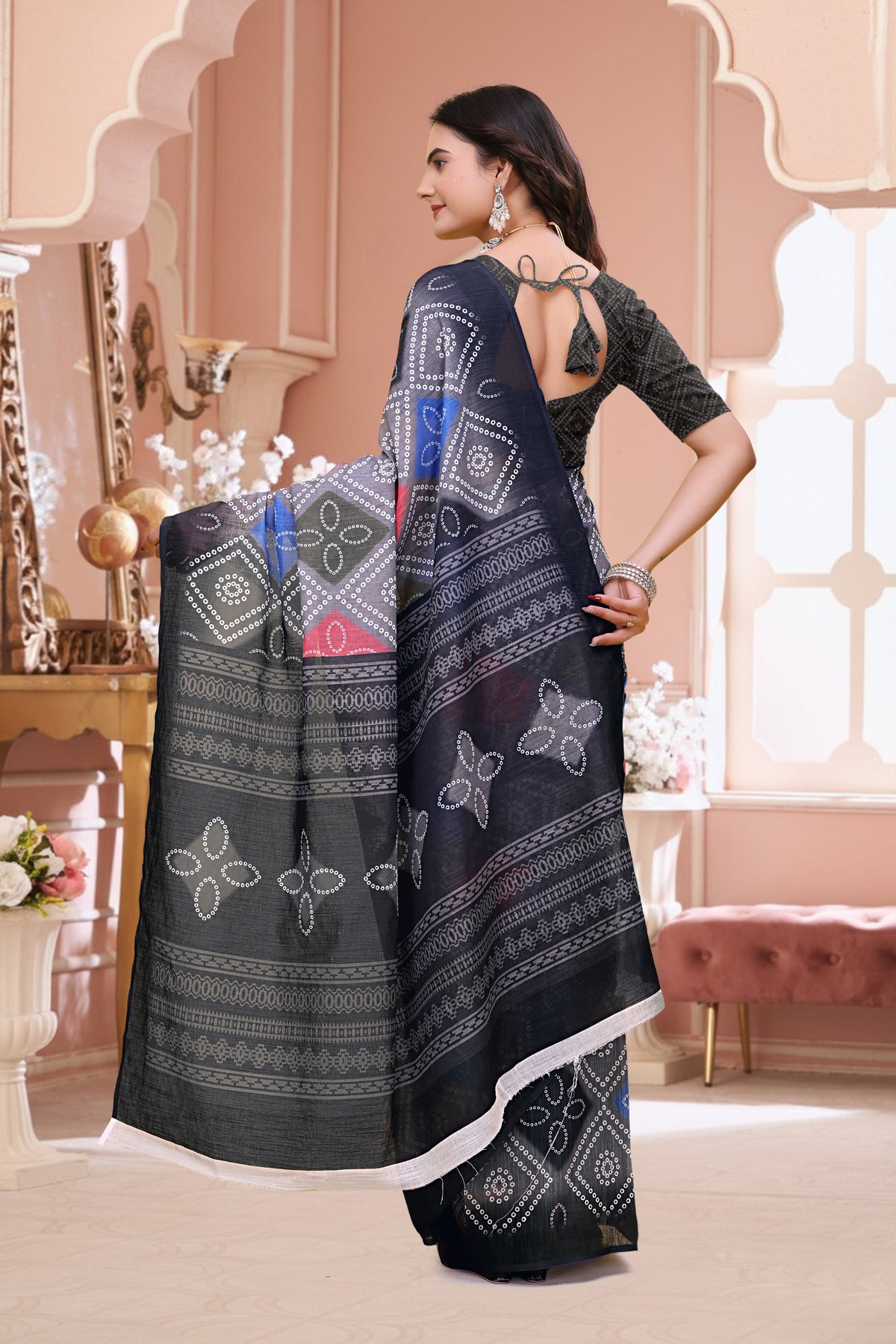 Navy Blue Linen Cotton Bandhani Print Saree with Blouse Set for Women