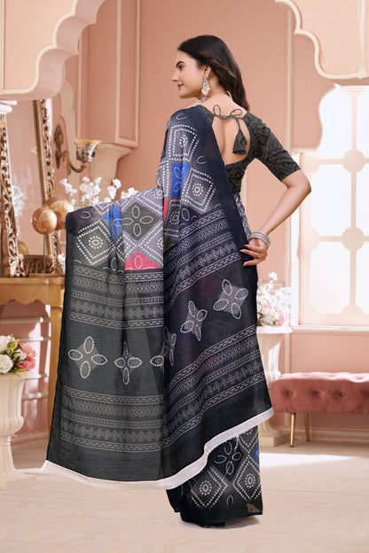 Navy Blue Linen Cotton Bandhani Print Saree with Blouse Set for Women