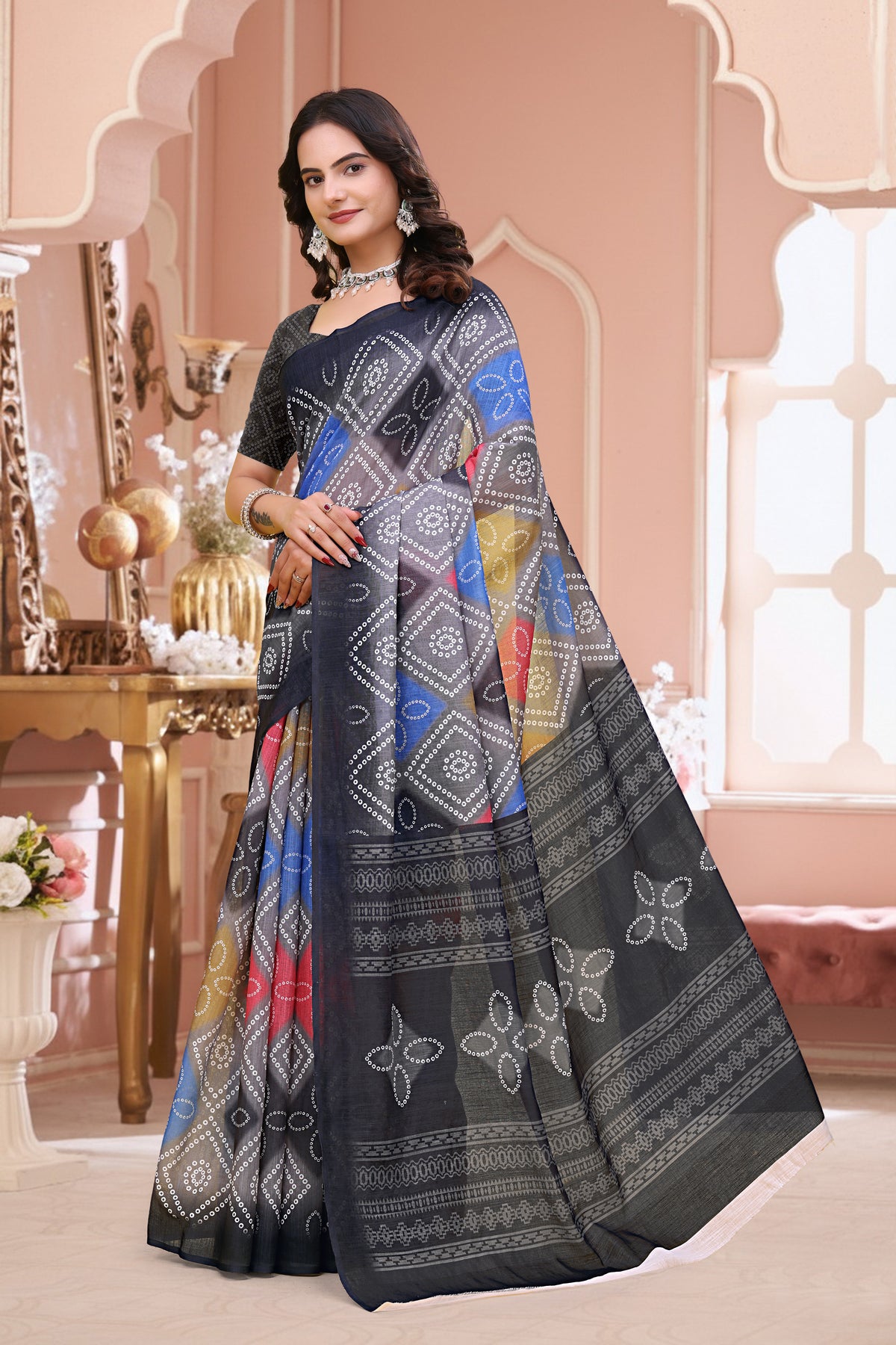 Navy Blue Linen Cotton Bandhani Print Saree with Blouse Set for Women