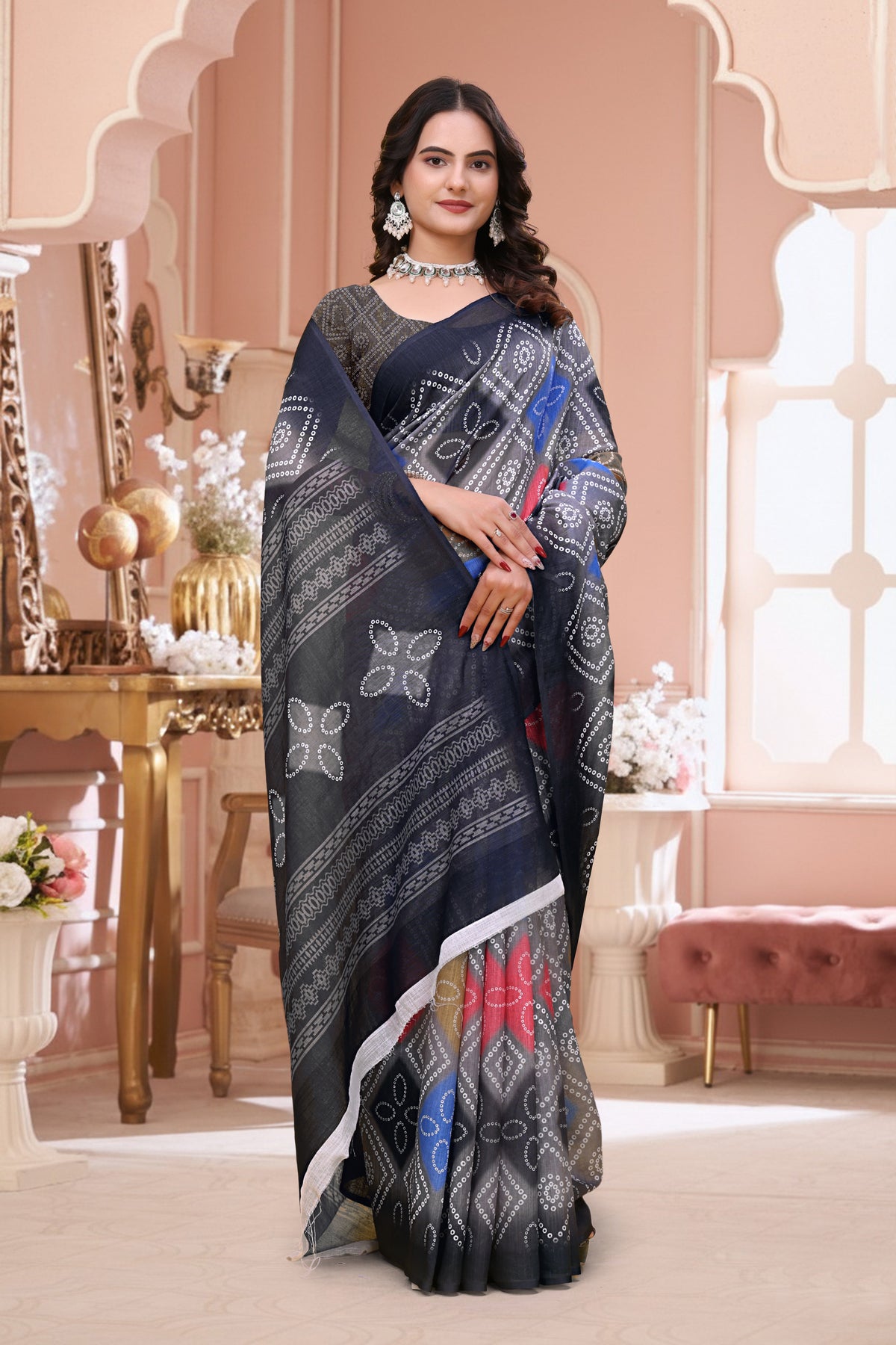 Navy Blue Linen Cotton Bandhani Print Saree with Blouse Set for Women