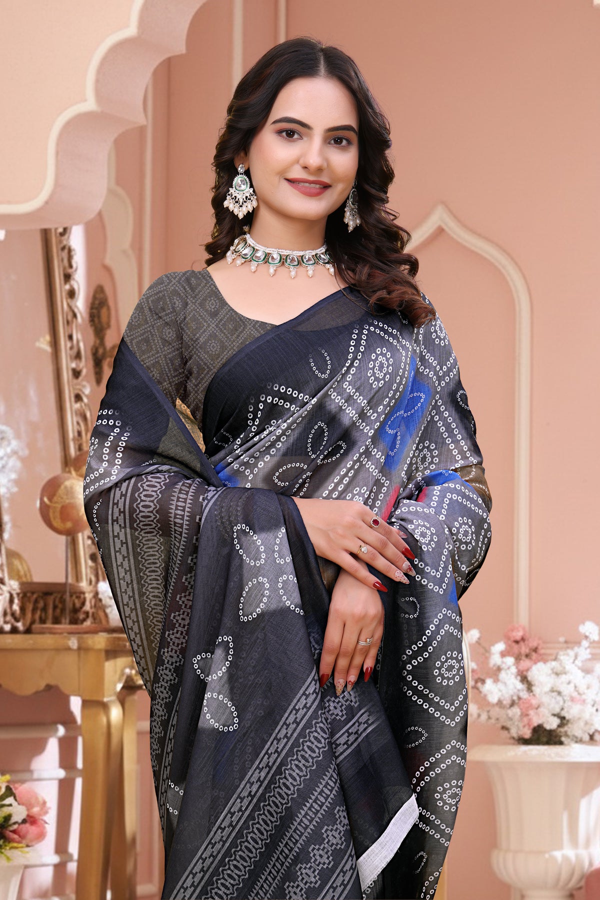 Navy Blue Linen Cotton Bandhani Print Saree with Blouse Set for Women