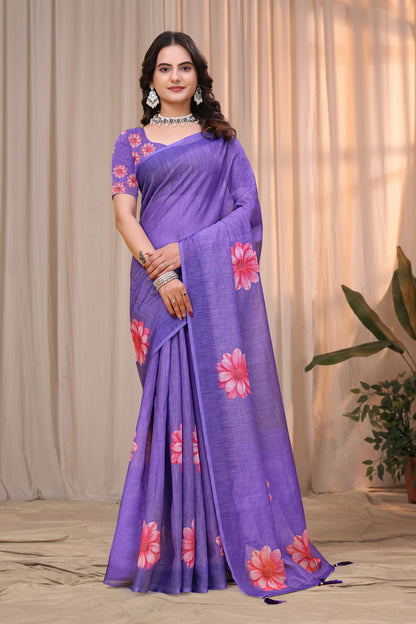 Purple Linen Cotton Floral Printed Saree with Blouse for Women