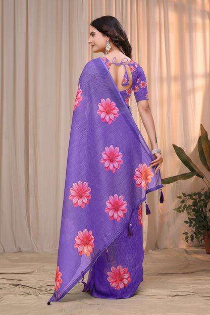 Purple Linen Cotton Floral Printed Saree with Blouse for Women