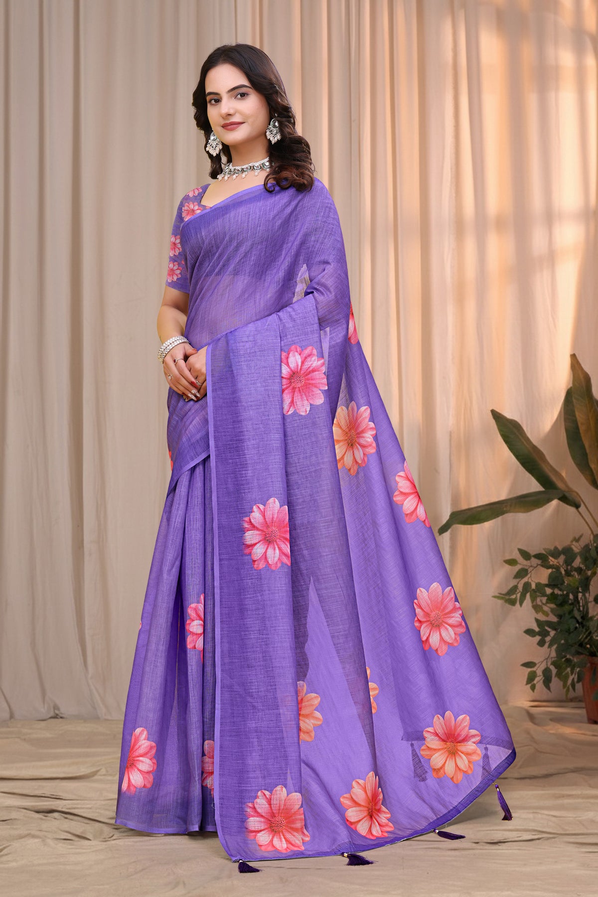 Purple Linen Cotton Floral Printed Saree with Blouse for Women