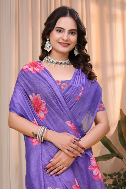 Purple Linen Cotton Floral Printed Saree with Blouse for Women